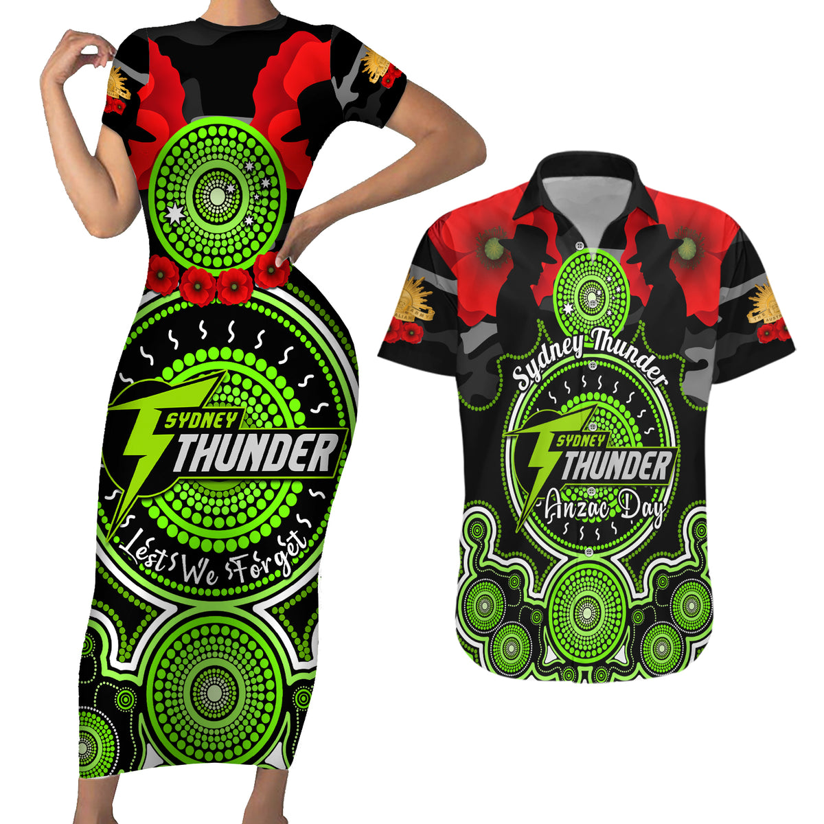 sydney-thunder-anzac-2024-couples-matching-short-sleeve-bodycon-dress-and-hawaiian-shirt-lest-we-forget-poppy-mix-camouflage