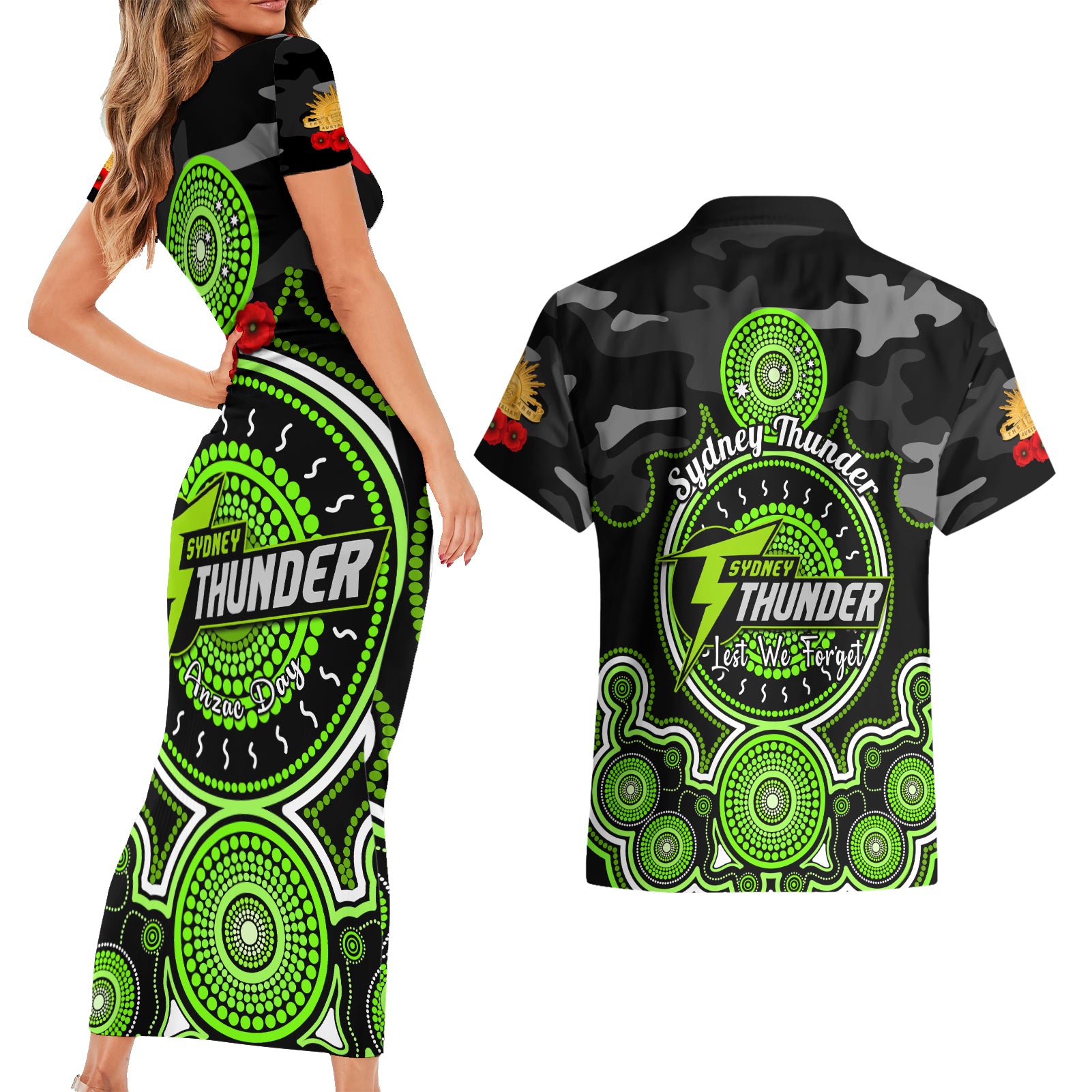 sydney-thunder-anzac-2024-couples-matching-short-sleeve-bodycon-dress-and-hawaiian-shirt-lest-we-forget-poppy-mix-camouflage