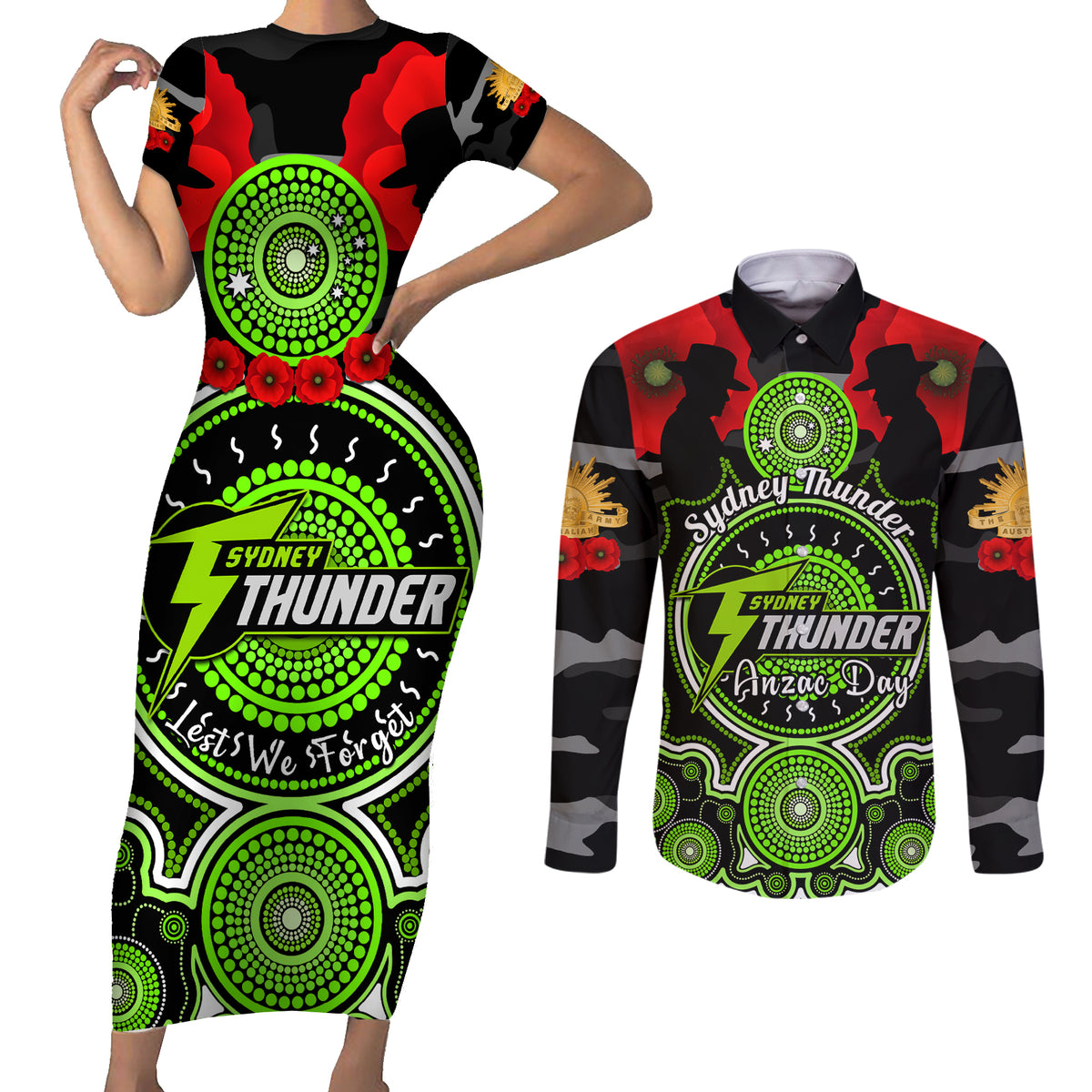 sydney-thunder-anzac-2024-couples-matching-short-sleeve-bodycon-dress-and-long-sleeve-button-shirt-lest-we-forget-poppy-mix-camouflage
