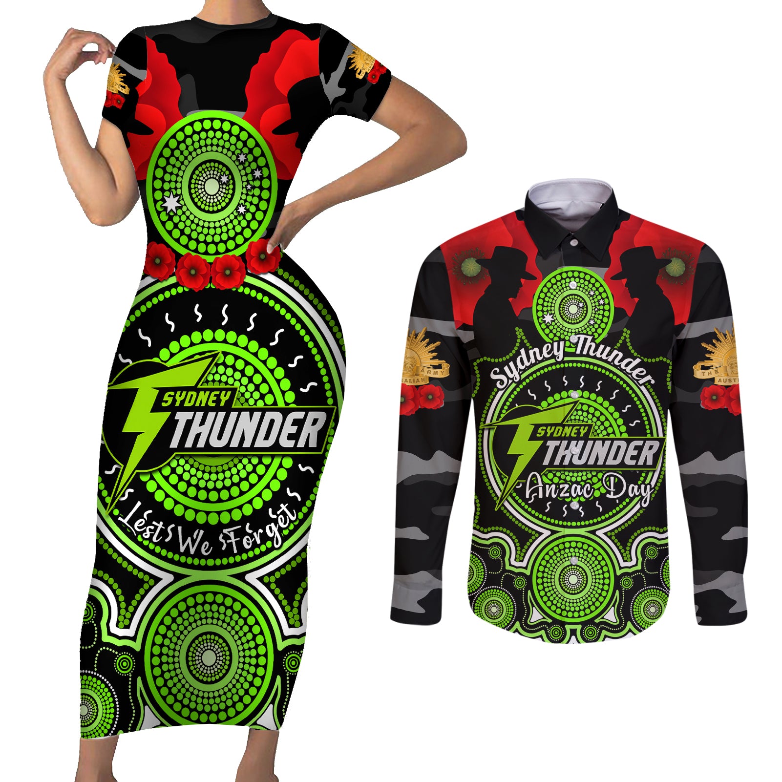 sydney-thunder-anzac-2024-couples-matching-short-sleeve-bodycon-dress-and-long-sleeve-button-shirt-lest-we-forget-poppy-mix-camouflage