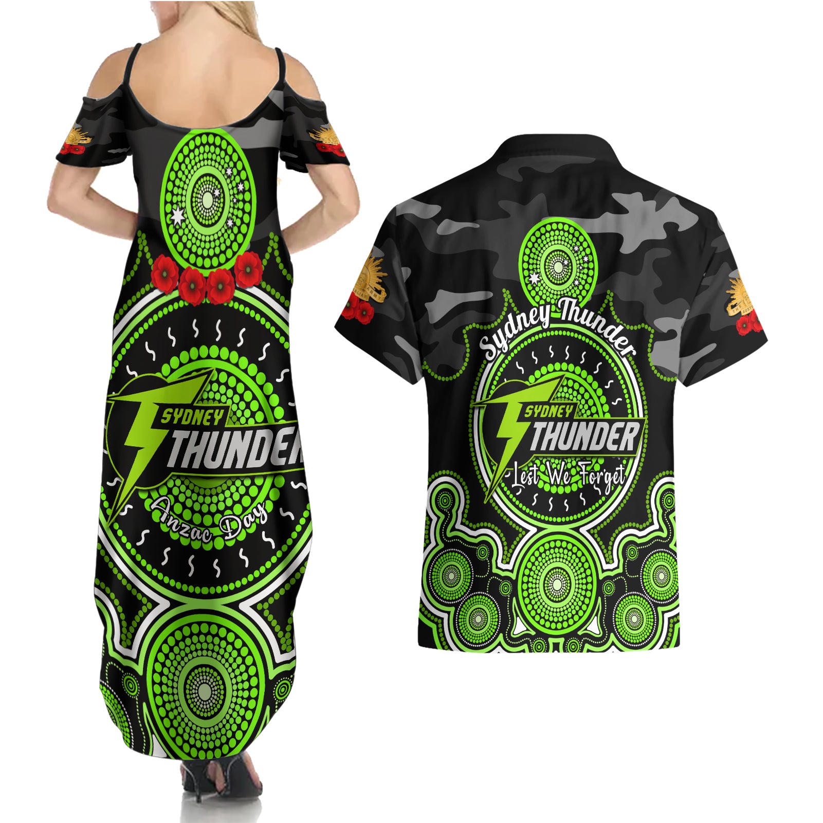 sydney-thunder-anzac-2024-couples-matching-summer-maxi-dress-and-hawaiian-shirt-lest-we-forget-poppy-mix-camouflage