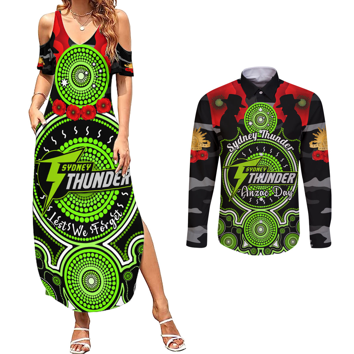 sydney-thunder-anzac-2024-couples-matching-summer-maxi-dress-and-long-sleeve-button-shirt-lest-we-forget-poppy-mix-camouflage