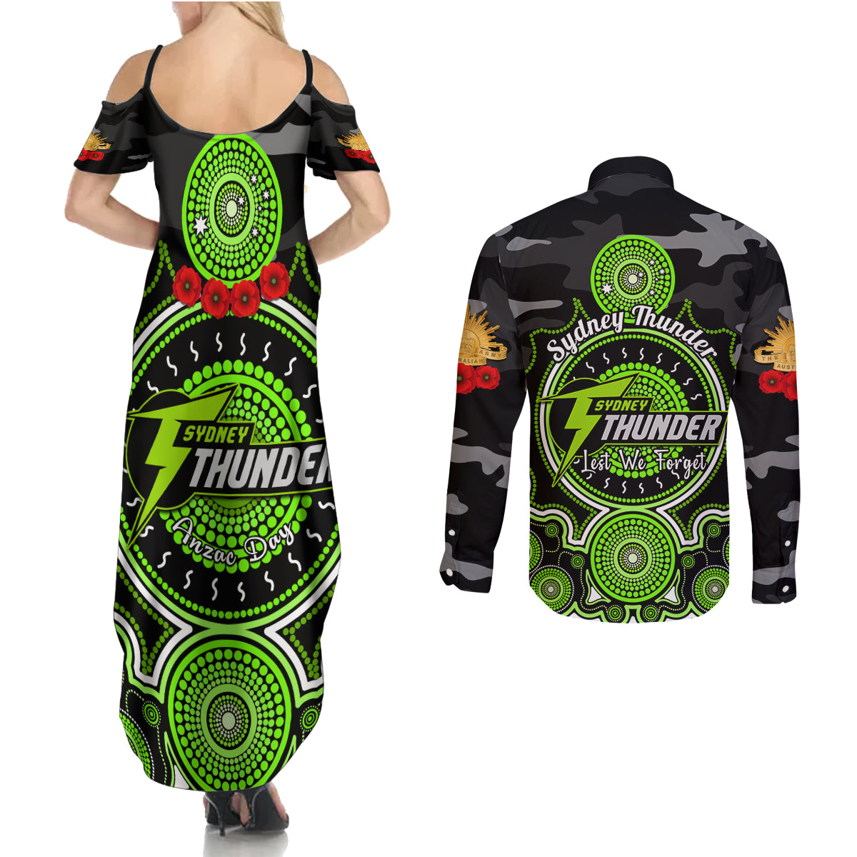 sydney-thunder-anzac-2024-couples-matching-summer-maxi-dress-and-long-sleeve-button-shirt-lest-we-forget-poppy-mix-camouflage