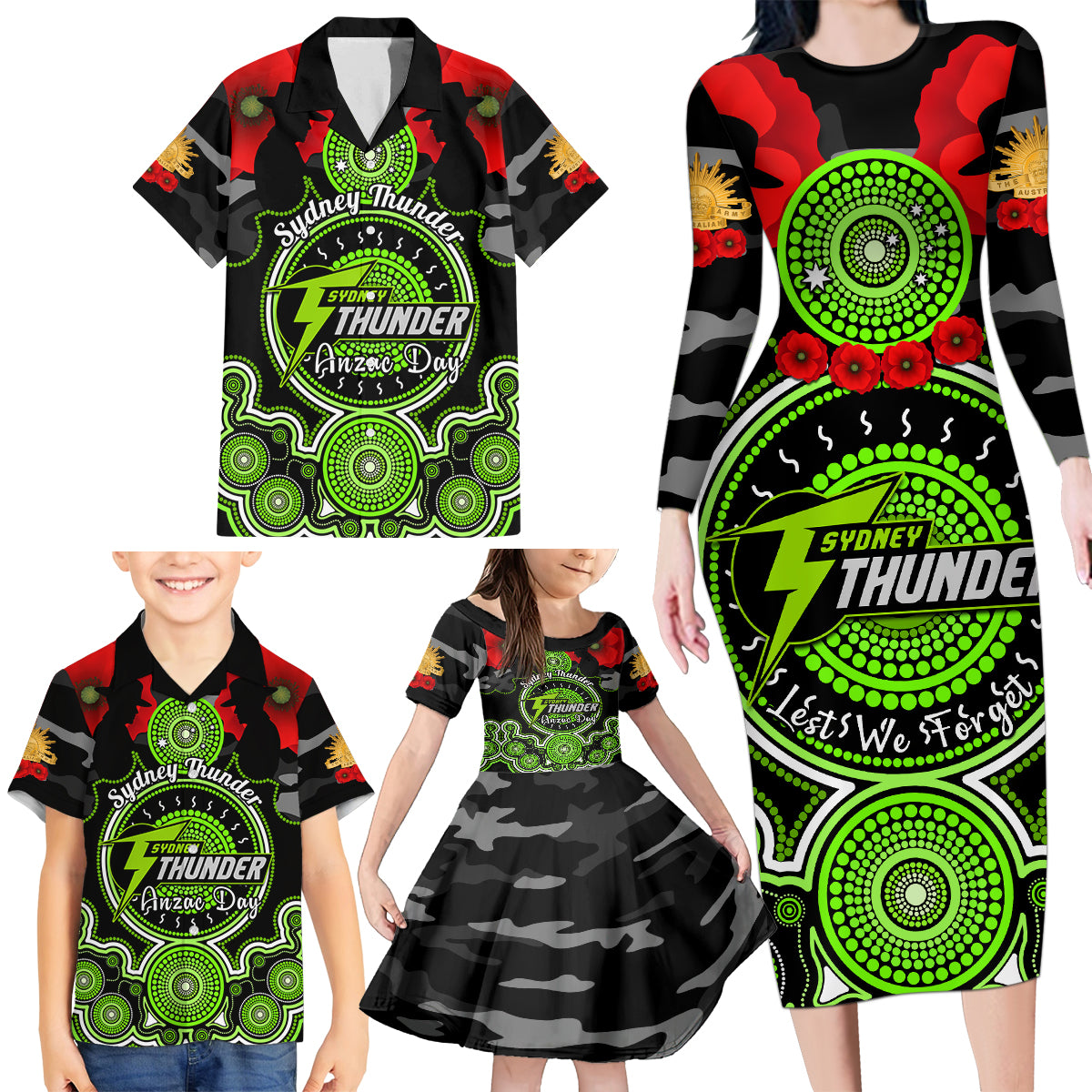 sydney-thunder-anzac-2024-family-matching-long-sleeve-bodycon-dress-and-hawaiian-shirt-lest-we-forget-poppy-mix-camouflage