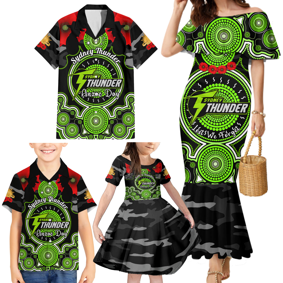 sydney-thunder-anzac-2024-family-matching-mermaid-dress-and-hawaiian-shirt-lest-we-forget-poppy-mix-camouflage