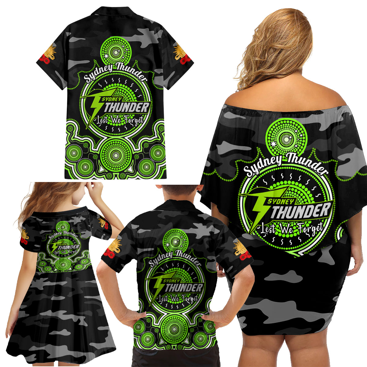 sydney-thunder-anzac-2024-family-matching-off-shoulder-short-dress-and-hawaiian-shirt-lest-we-forget-poppy-mix-camouflage