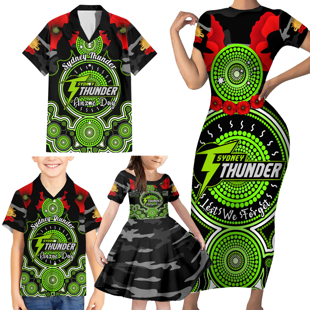 sydney-thunder-anzac-2024-family-matching-short-sleeve-bodycon-dress-and-hawaiian-shirt-lest-we-forget-poppy-mix-camouflage