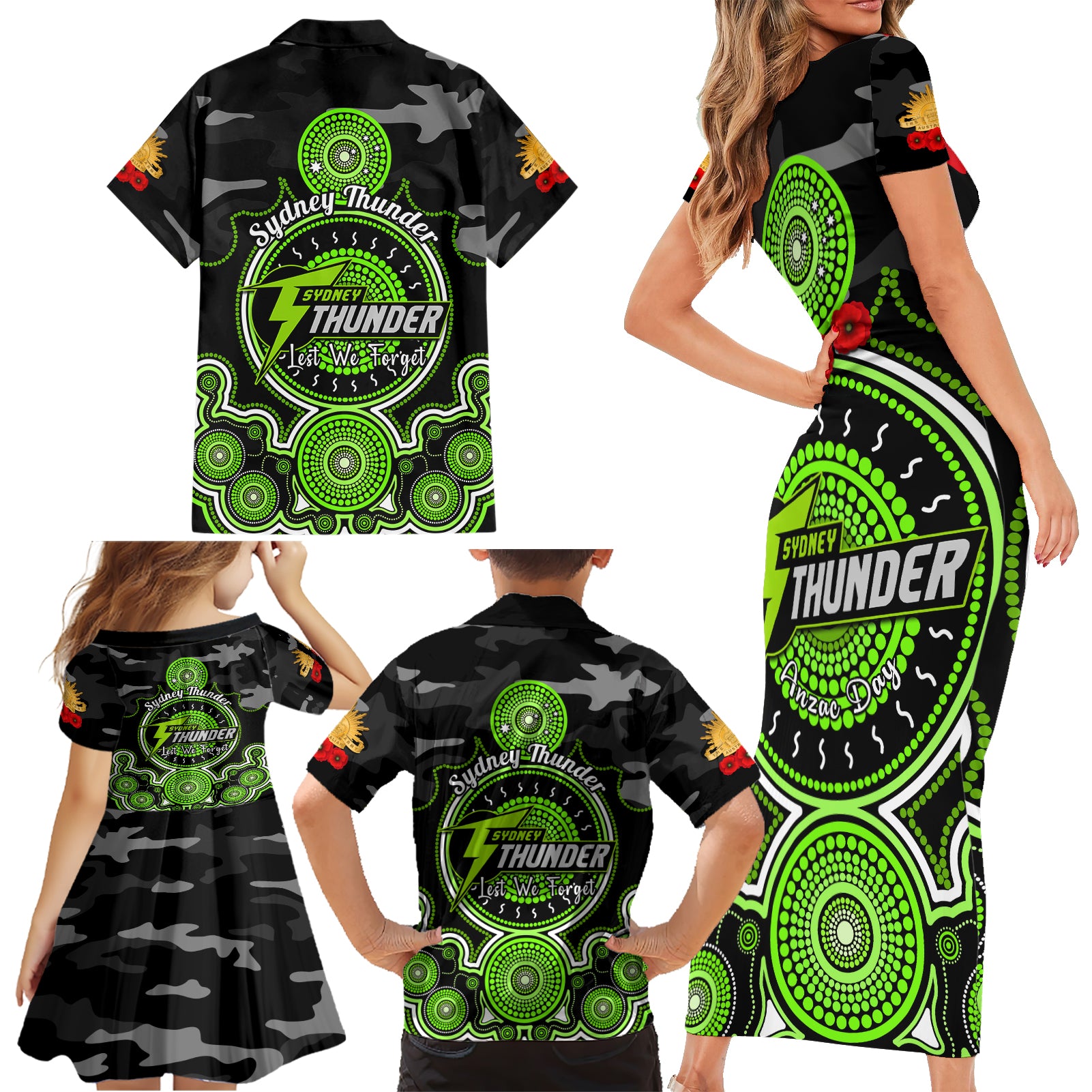 sydney-thunder-anzac-2024-family-matching-short-sleeve-bodycon-dress-and-hawaiian-shirt-lest-we-forget-poppy-mix-camouflage