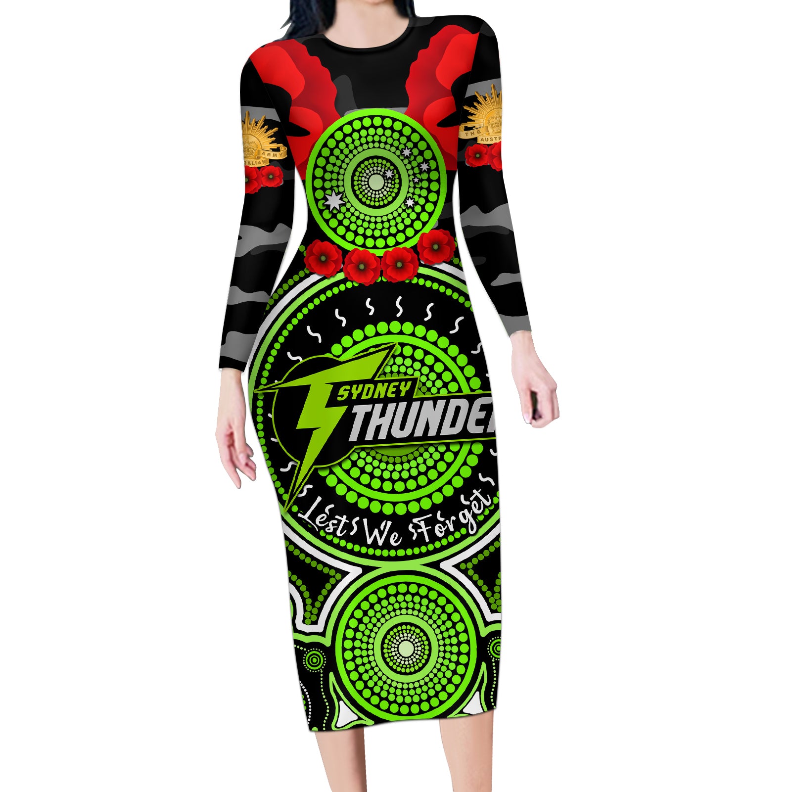 sydney-thunder-anzac-2024-long-sleeve-bodycon-dress-lest-we-forget-poppy-mix-camouflage