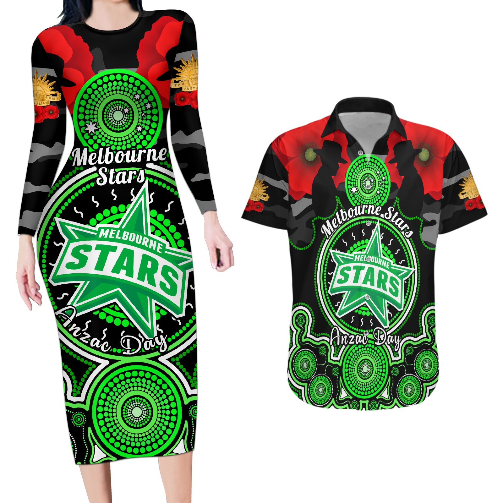 melbourne-stars-anzac-2024-couples-matching-long-sleeve-bodycon-dress-and-hawaiian-shirt-lest-we-forget-poppy-mix-camouflage