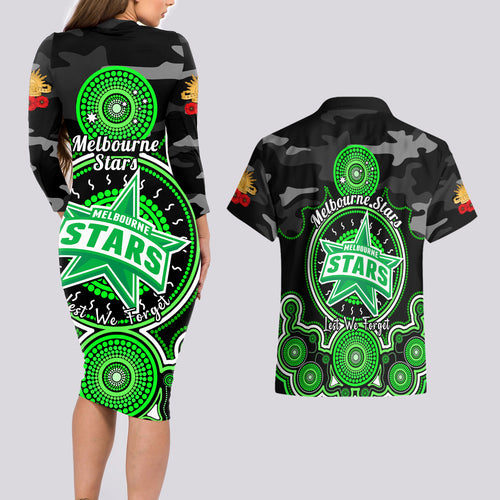 melbourne-stars-anzac-2024-couples-matching-long-sleeve-bodycon-dress-and-hawaiian-shirt-lest-we-forget-poppy-mix-camouflage
