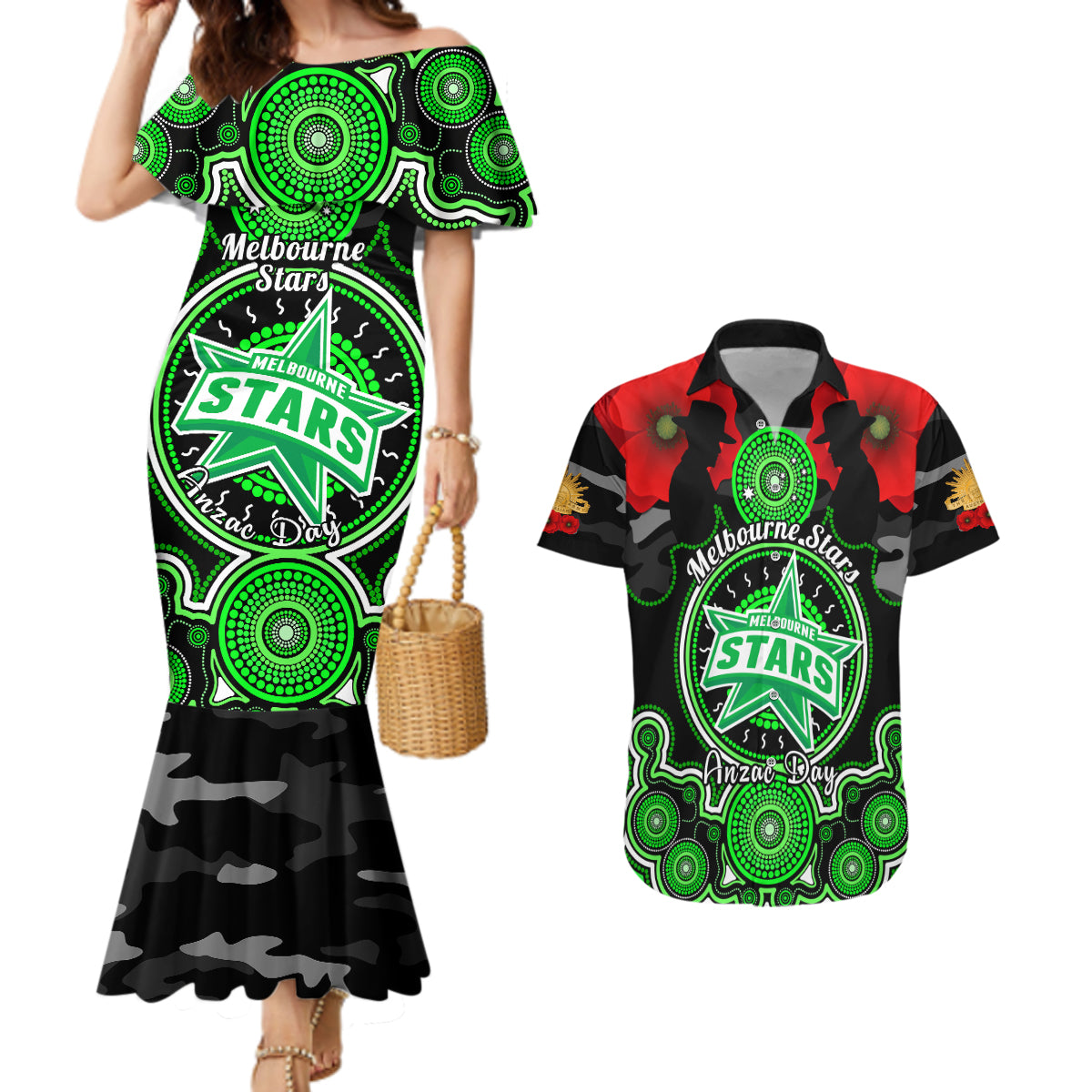 melbourne-stars-anzac-2024-couples-matching-mermaid-dress-and-hawaiian-shirt-lest-we-forget-poppy-mix-camouflage