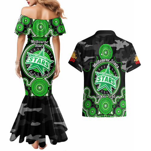 melbourne-stars-anzac-2024-couples-matching-mermaid-dress-and-hawaiian-shirt-lest-we-forget-poppy-mix-camouflage