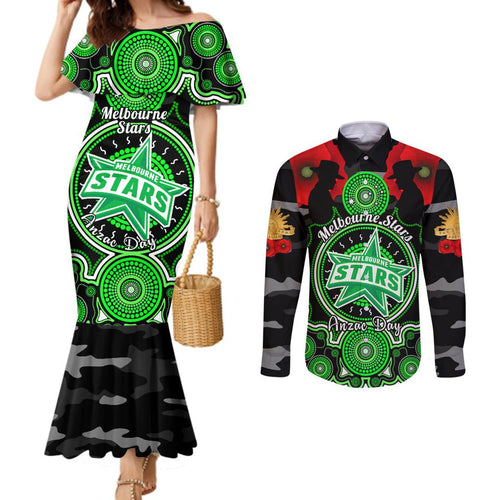 melbourne-stars-anzac-2024-couples-matching-mermaid-dress-and-long-sleeve-button-shirt-lest-we-forget-poppy-mix-camouflage