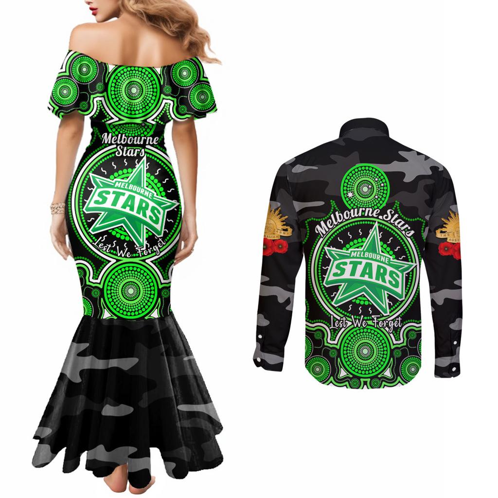 melbourne-stars-anzac-2024-couples-matching-mermaid-dress-and-long-sleeve-button-shirt-lest-we-forget-poppy-mix-camouflage