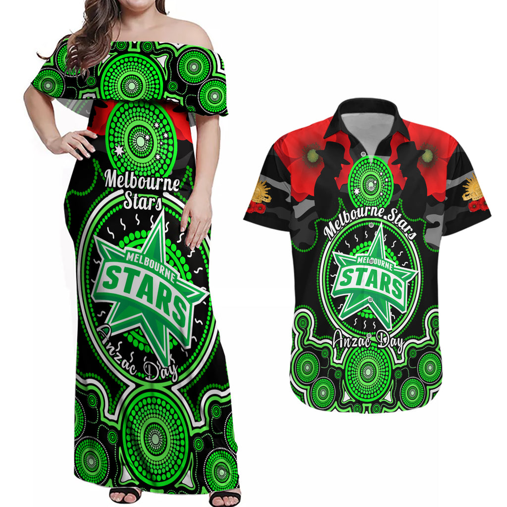 melbourne-stars-anzac-2024-couples-matching-off-shoulder-maxi-dress-and-hawaiian-shirt-lest-we-forget-poppy-mix-camouflage