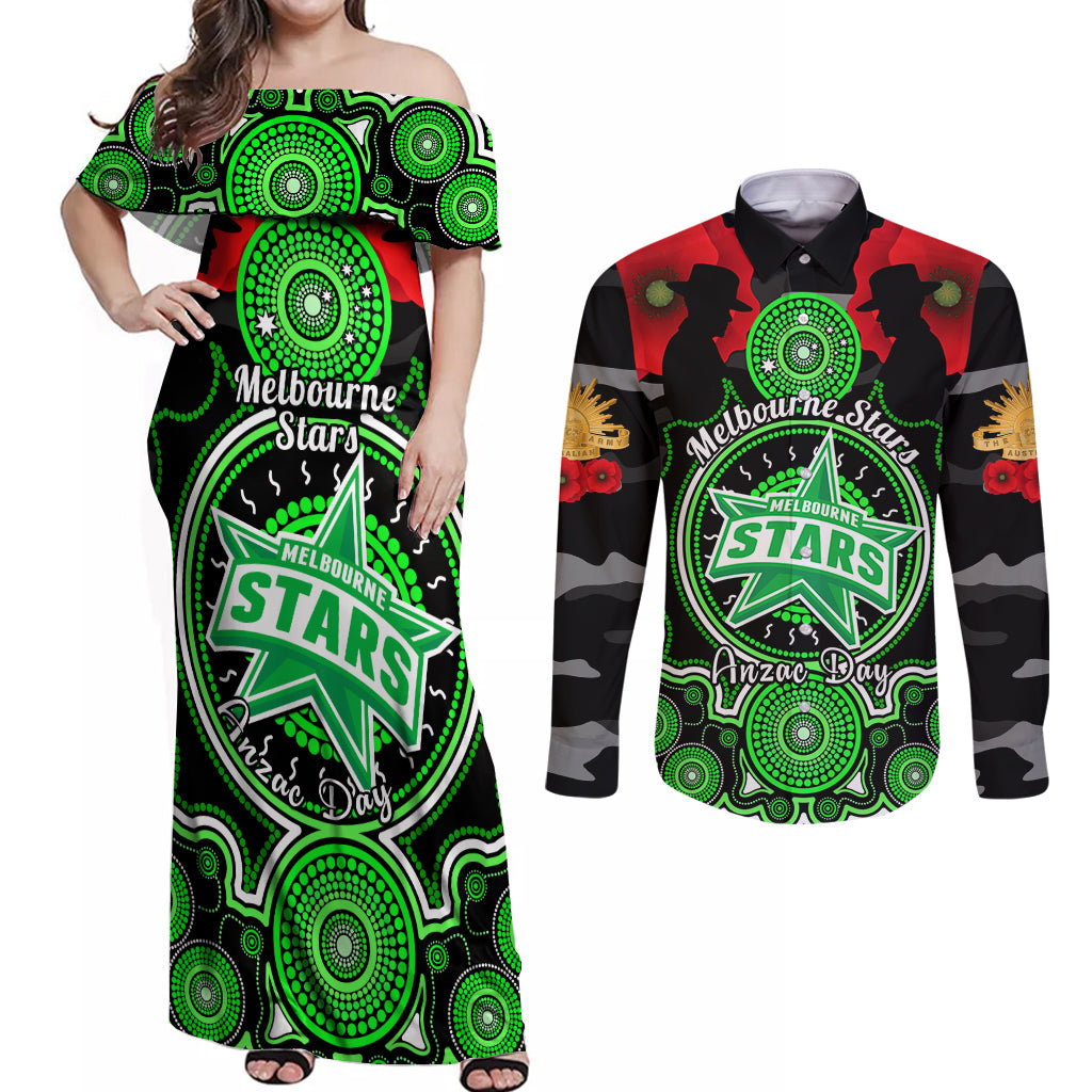 melbourne-stars-anzac-2024-couples-matching-off-shoulder-maxi-dress-and-long-sleeve-button-shirt-lest-we-forget-poppy-mix-camouflage