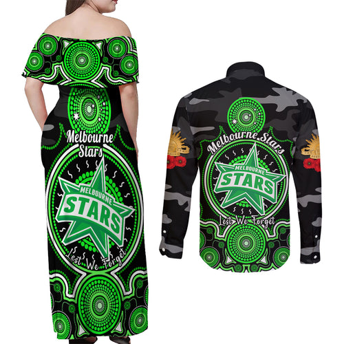 melbourne-stars-anzac-2024-couples-matching-off-shoulder-maxi-dress-and-long-sleeve-button-shirt-lest-we-forget-poppy-mix-camouflage