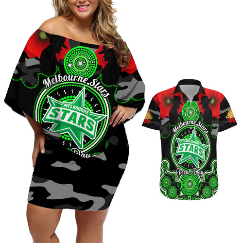 melbourne-stars-anzac-2024-couples-matching-off-shoulder-short-dress-and-hawaiian-shirt-lest-we-forget-poppy-mix-camouflage
