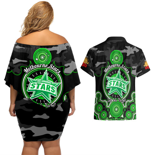 melbourne-stars-anzac-2024-couples-matching-off-shoulder-short-dress-and-hawaiian-shirt-lest-we-forget-poppy-mix-camouflage