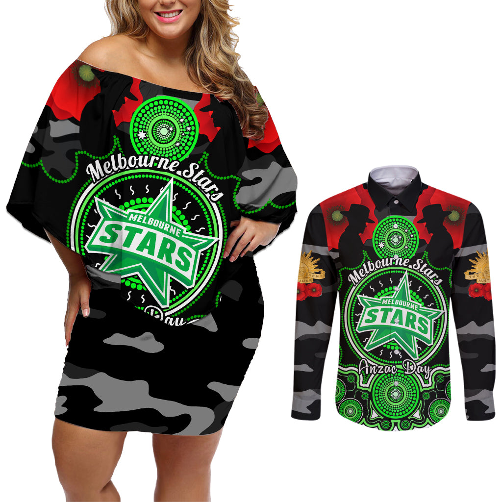 melbourne-stars-anzac-2024-couples-matching-off-shoulder-short-dress-and-long-sleeve-button-shirt-lest-we-forget-poppy-mix-camouflage