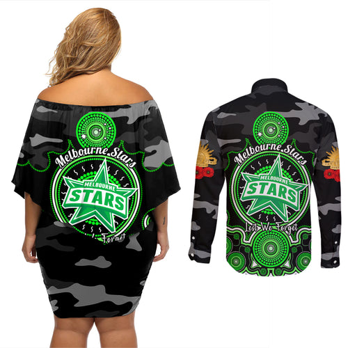 melbourne-stars-anzac-2024-couples-matching-off-shoulder-short-dress-and-long-sleeve-button-shirt-lest-we-forget-poppy-mix-camouflage