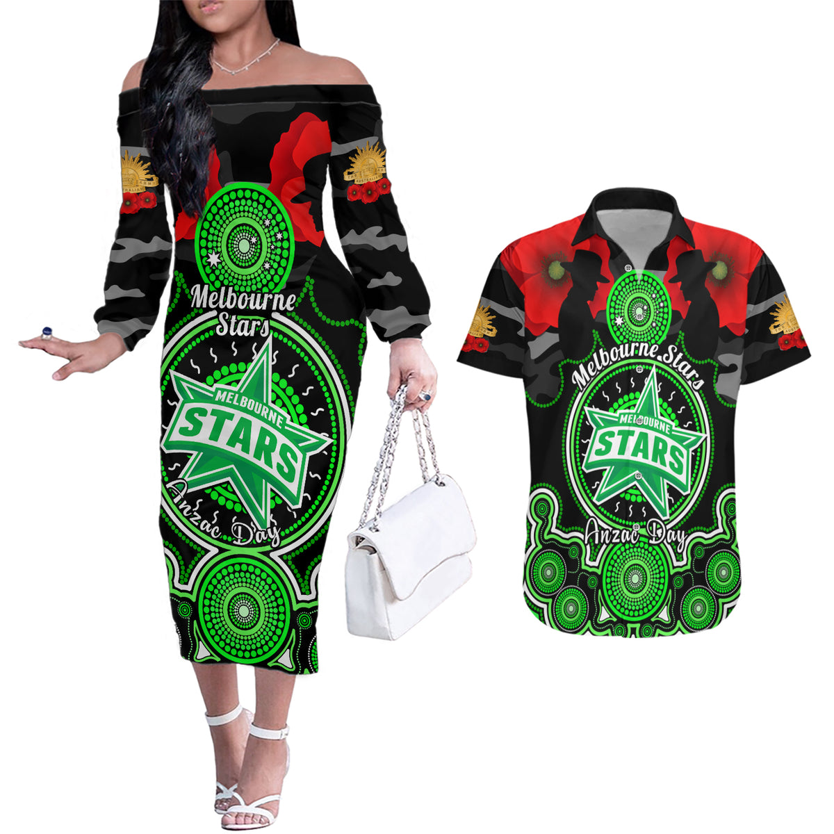 melbourne-stars-anzac-2024-couples-matching-off-the-shoulder-long-sleeve-dress-and-hawaiian-shirt-lest-we-forget-poppy-mix-camouflage