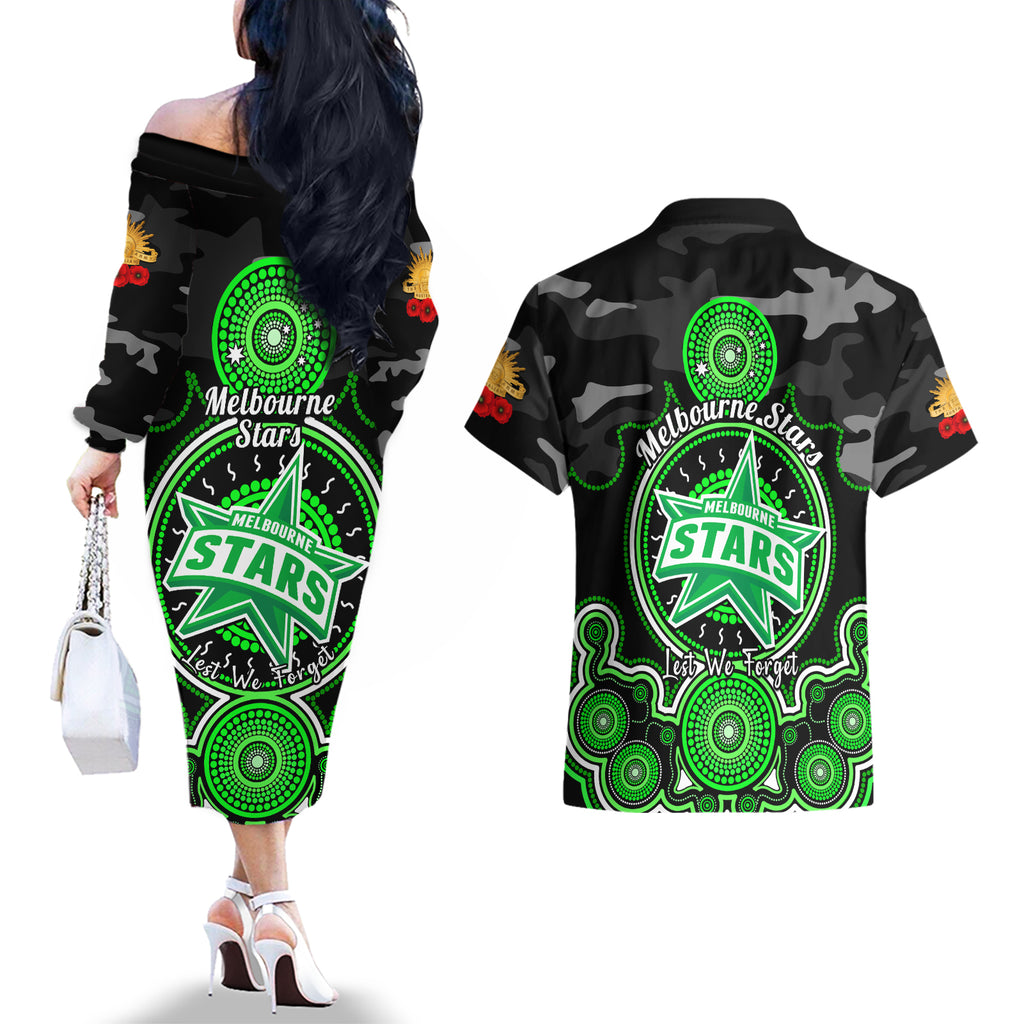 melbourne-stars-anzac-2024-couples-matching-off-the-shoulder-long-sleeve-dress-and-hawaiian-shirt-lest-we-forget-poppy-mix-camouflage