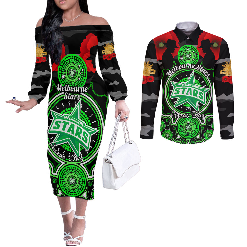 melbourne-stars-anzac-2024-couples-matching-off-the-shoulder-long-sleeve-dress-and-long-sleeve-button-shirt-lest-we-forget-poppy-mix-camouflage