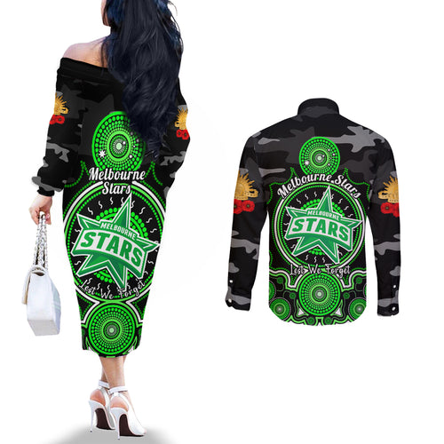 melbourne-stars-anzac-2024-couples-matching-off-the-shoulder-long-sleeve-dress-and-long-sleeve-button-shirt-lest-we-forget-poppy-mix-camouflage