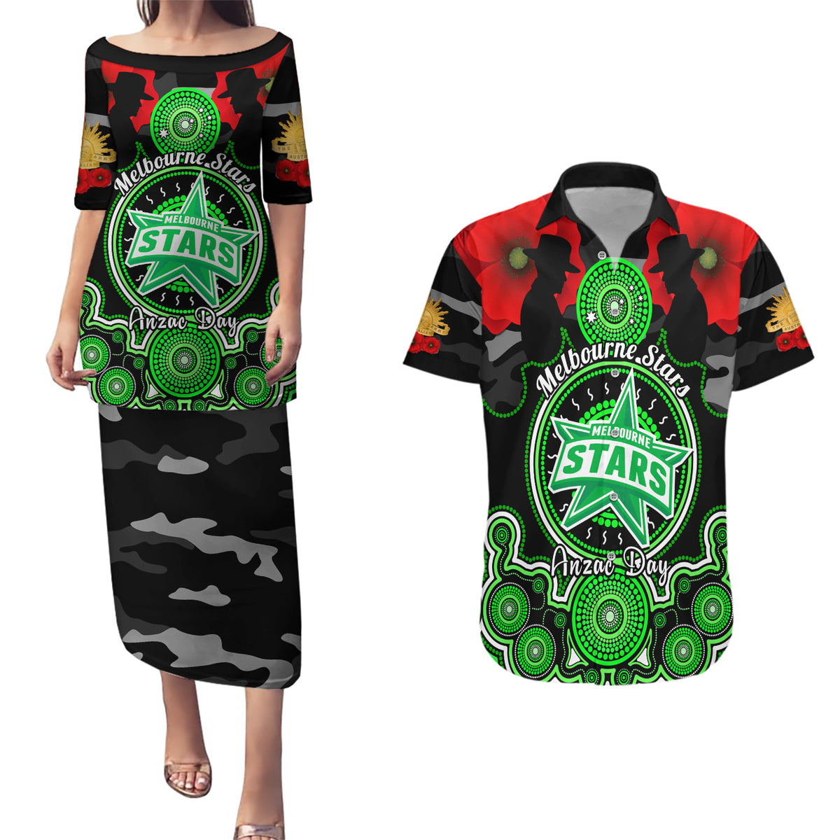 melbourne-stars-anzac-2024-couples-matching-puletasi-dress-and-hawaiian-shirt-lest-we-forget-poppy-mix-camouflage