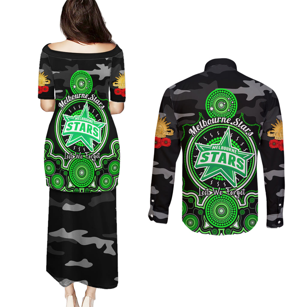 melbourne-stars-anzac-2024-couples-matching-puletasi-dress-and-long-sleeve-button-shirt-lest-we-forget-poppy-mix-camouflage