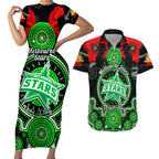 melbourne-stars-anzac-2024-couples-matching-short-sleeve-bodycon-dress-and-hawaiian-shirt-lest-we-forget-poppy-mix-camouflage