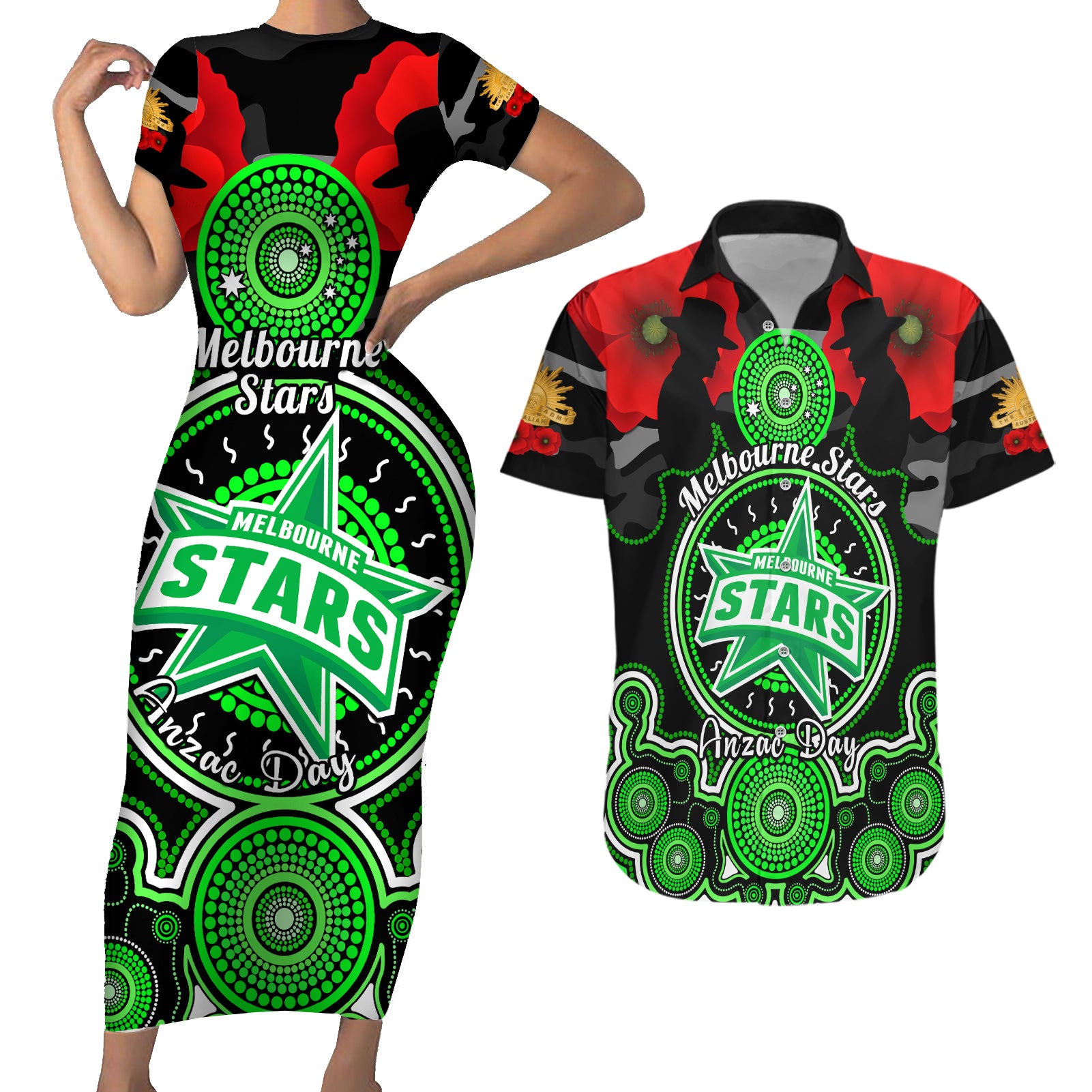 melbourne-stars-anzac-2024-couples-matching-short-sleeve-bodycon-dress-and-hawaiian-shirt-lest-we-forget-poppy-mix-camouflage