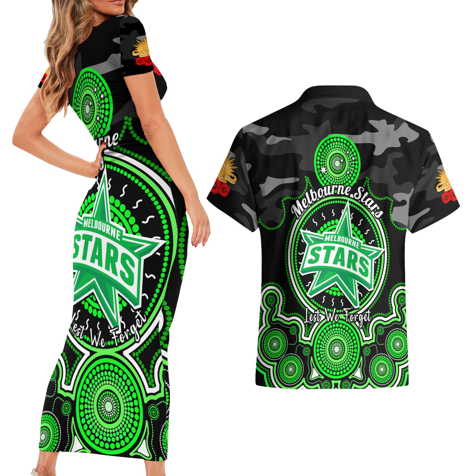 melbourne-stars-anzac-2024-couples-matching-short-sleeve-bodycon-dress-and-hawaiian-shirt-lest-we-forget-poppy-mix-camouflage