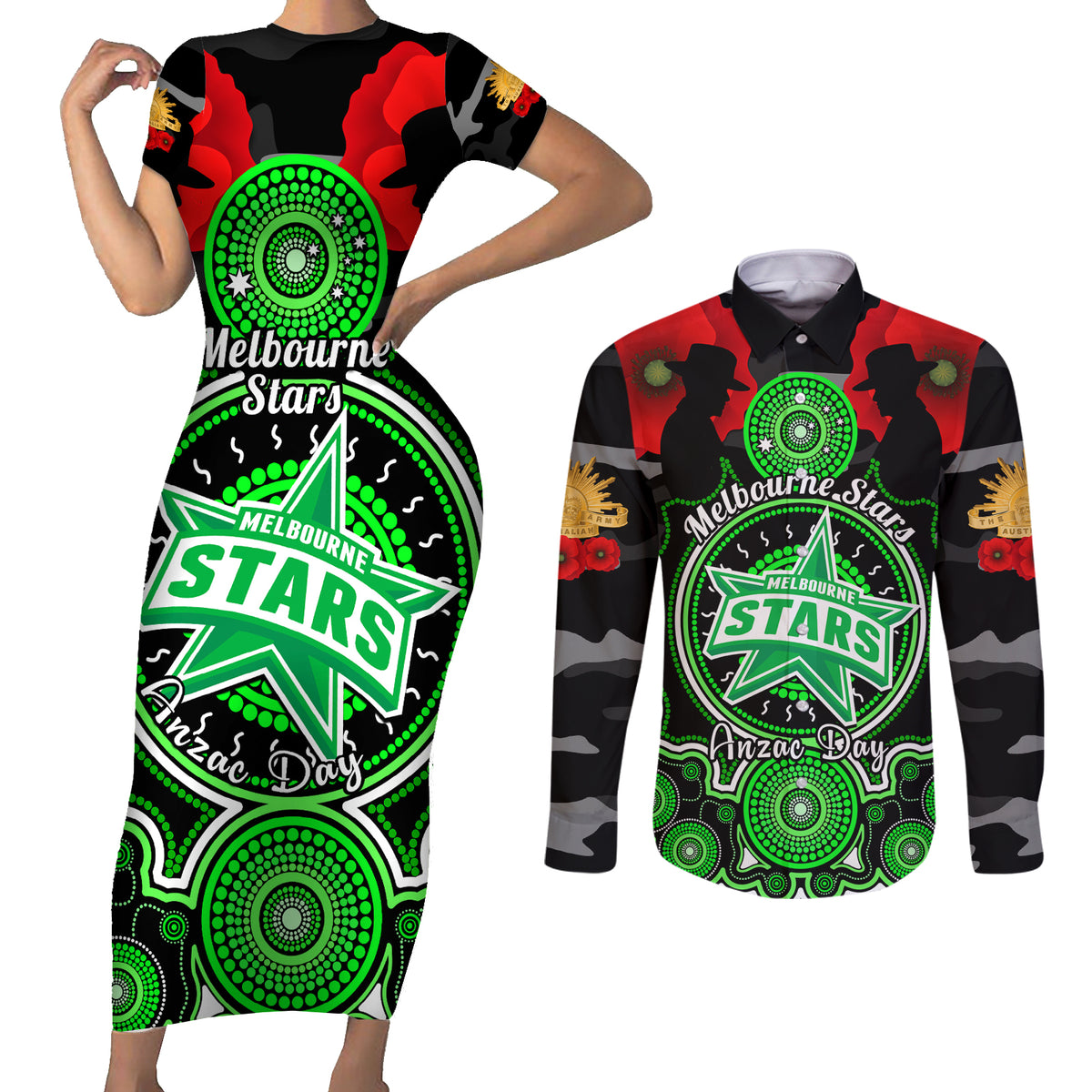 melbourne-stars-anzac-2024-couples-matching-short-sleeve-bodycon-dress-and-long-sleeve-button-shirt-lest-we-forget-poppy-mix-camouflage
