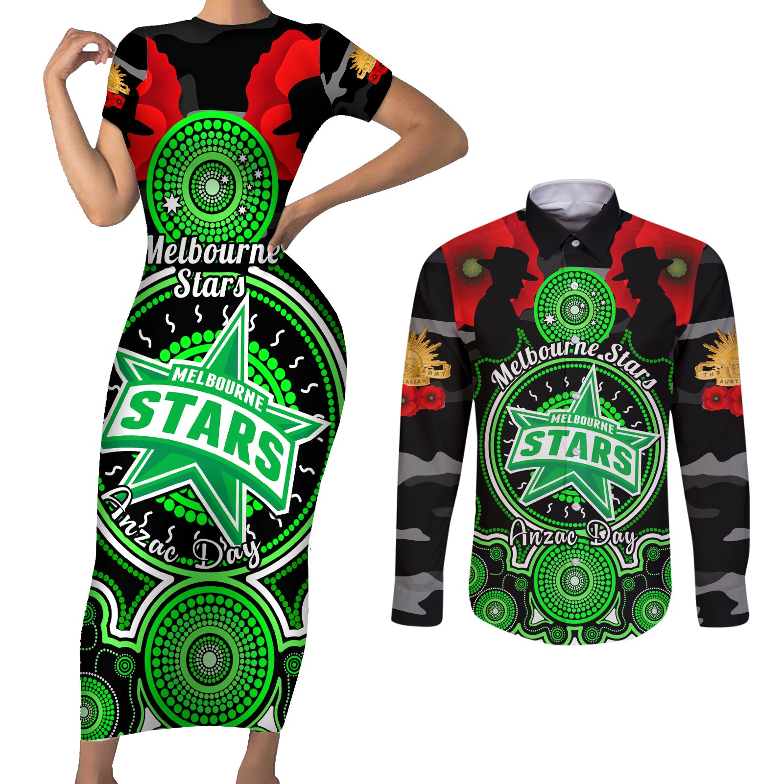 melbourne-stars-anzac-2024-couples-matching-short-sleeve-bodycon-dress-and-long-sleeve-button-shirt-lest-we-forget-poppy-mix-camouflage