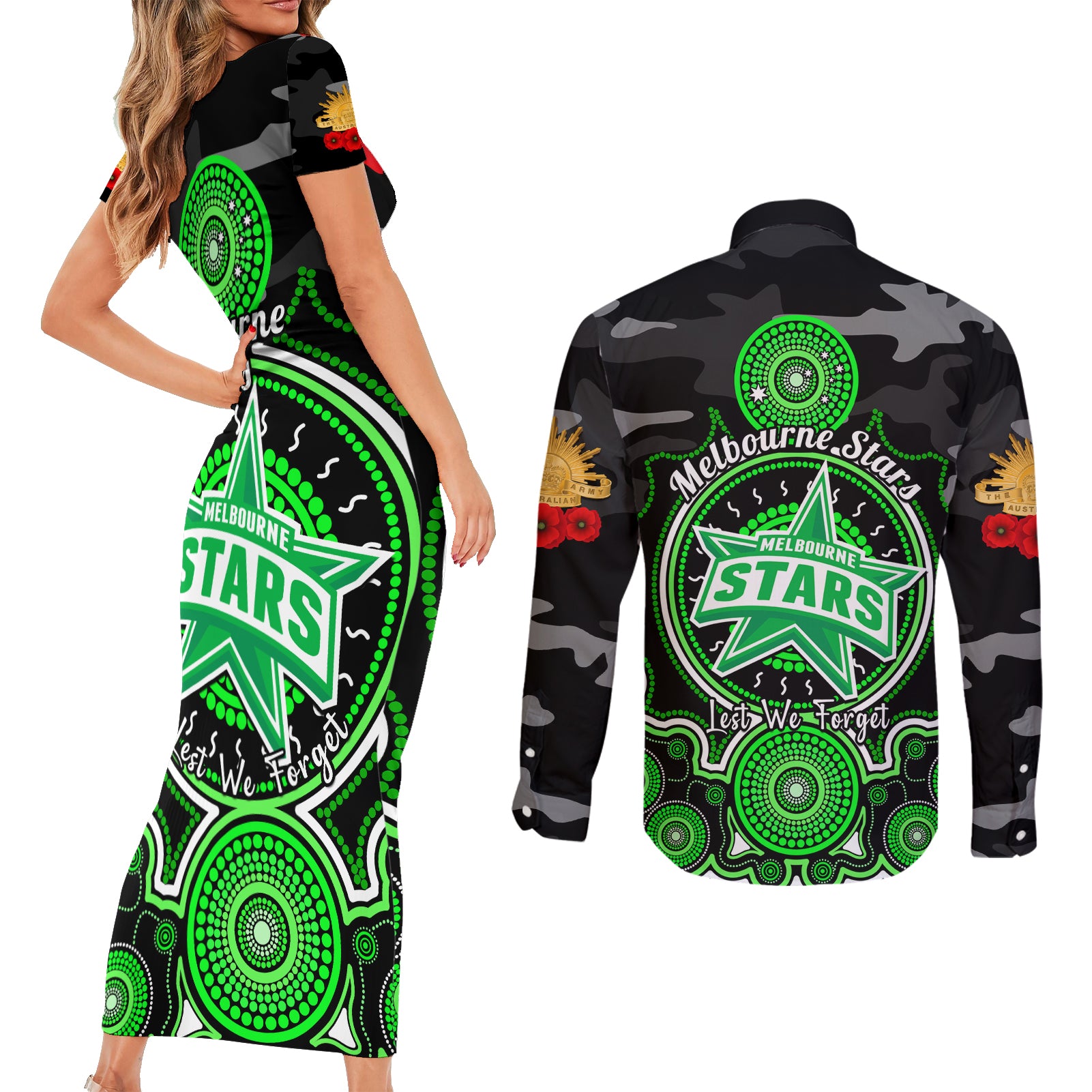 melbourne-stars-anzac-2024-couples-matching-short-sleeve-bodycon-dress-and-long-sleeve-button-shirt-lest-we-forget-poppy-mix-camouflage