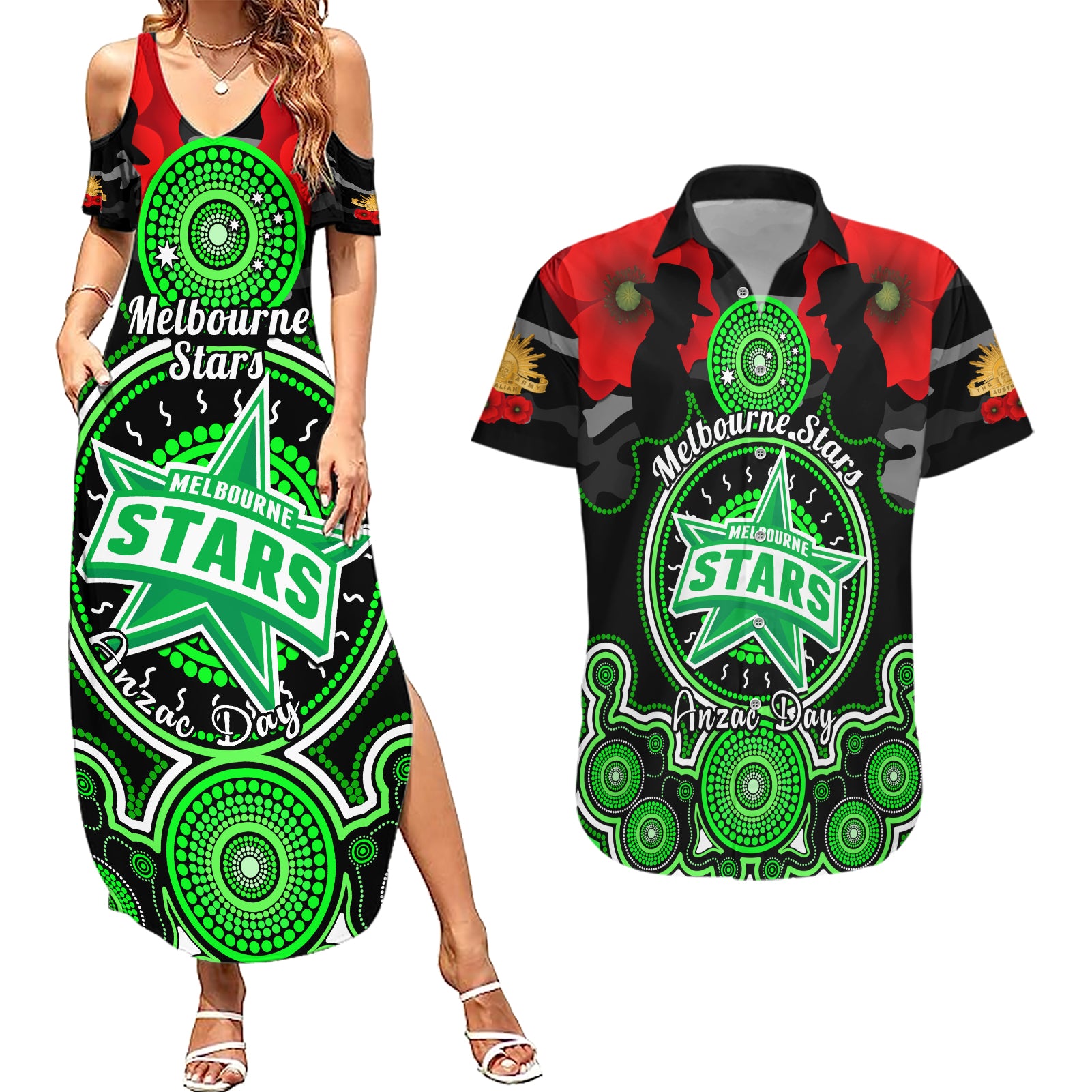 melbourne-stars-anzac-2024-couples-matching-summer-maxi-dress-and-hawaiian-shirt-lest-we-forget-poppy-mix-camouflage