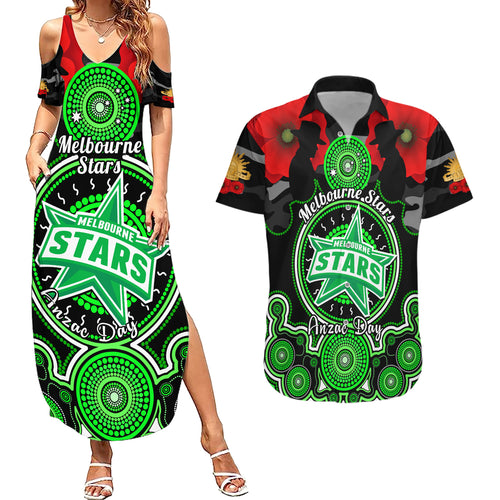 melbourne-stars-anzac-2024-couples-matching-summer-maxi-dress-and-hawaiian-shirt-lest-we-forget-poppy-mix-camouflage