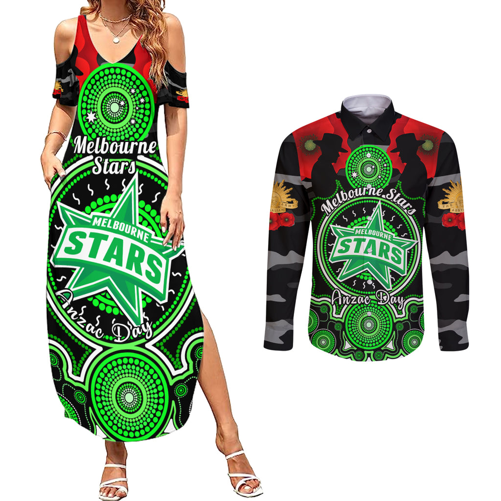 melbourne-stars-anzac-2024-couples-matching-summer-maxi-dress-and-long-sleeve-button-shirt-lest-we-forget-poppy-mix-camouflage