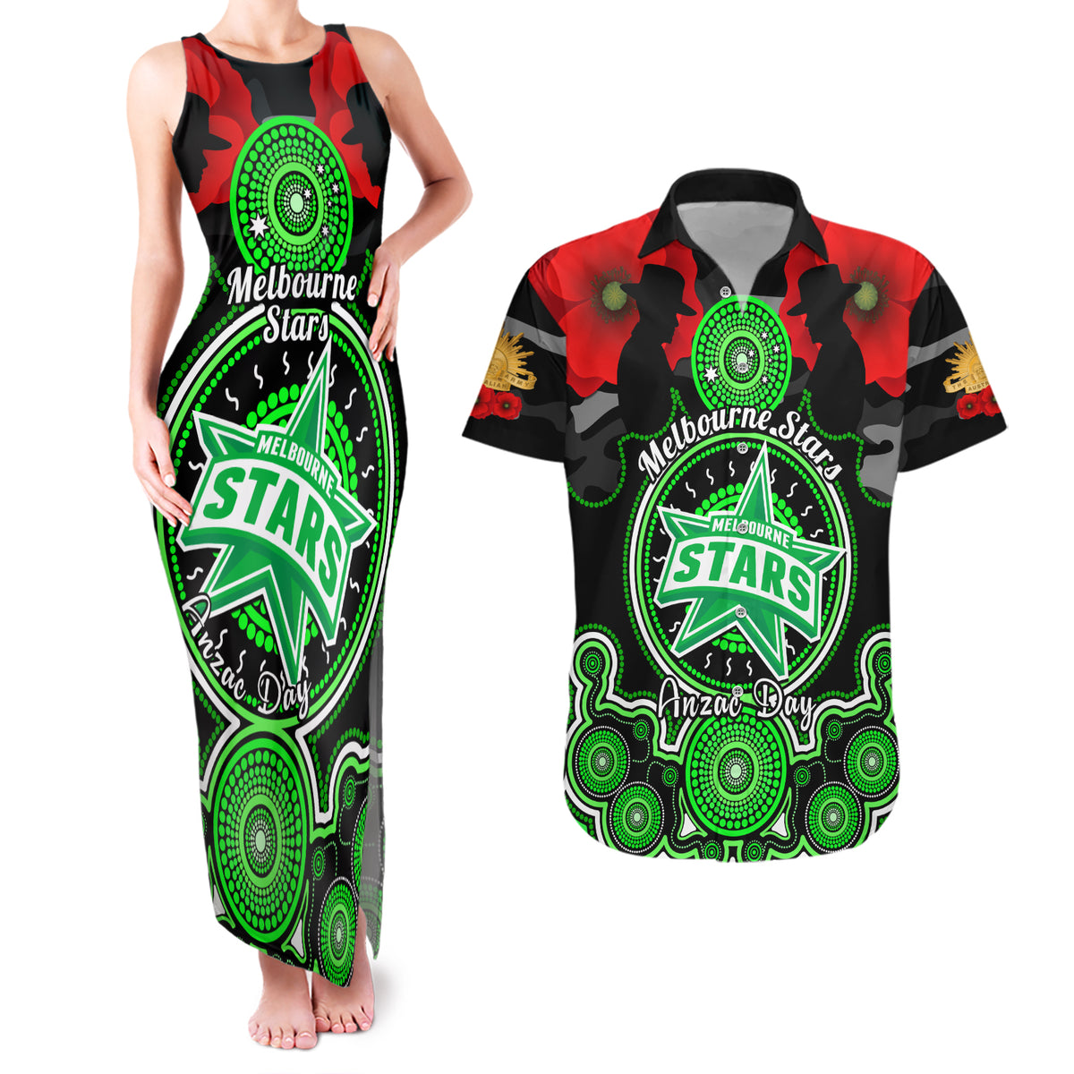 melbourne-stars-anzac-2024-couples-matching-tank-maxi-dress-and-hawaiian-shirt-lest-we-forget-poppy-mix-camouflage