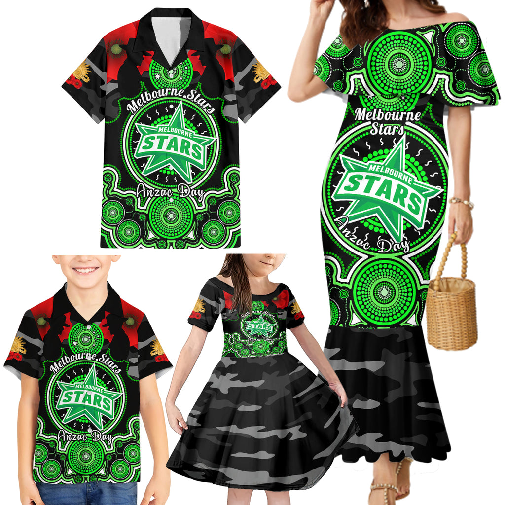melbourne-stars-anzac-2024-family-matching-mermaid-dress-and-hawaiian-shirt-lest-we-forget-poppy-mix-camouflage