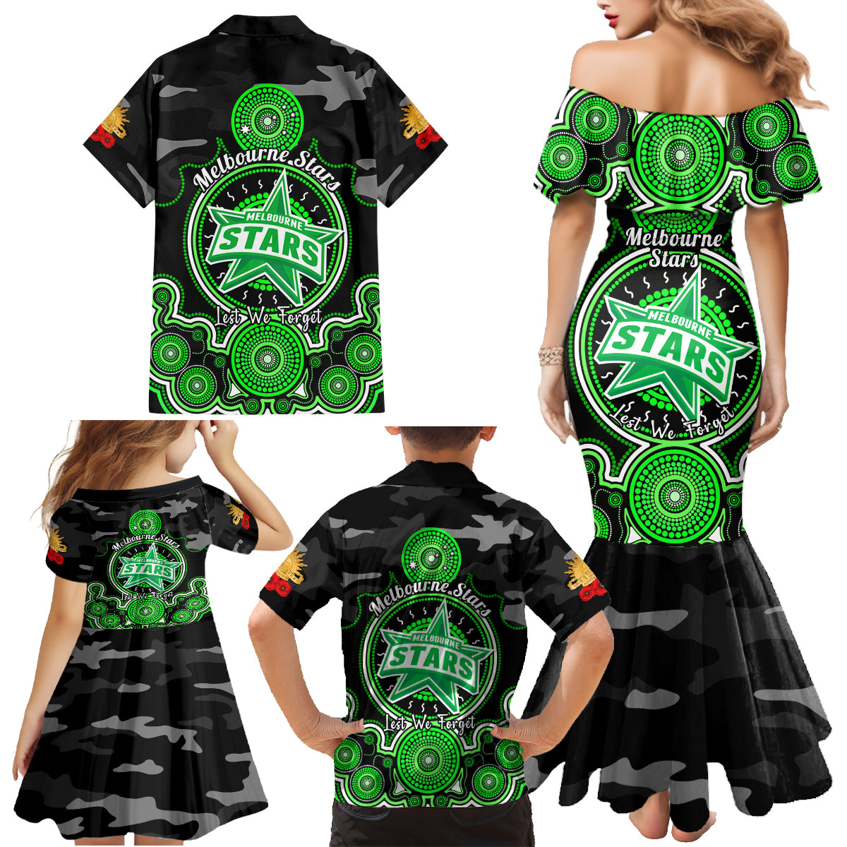 melbourne-stars-anzac-2024-family-matching-mermaid-dress-and-hawaiian-shirt-lest-we-forget-poppy-mix-camouflage
