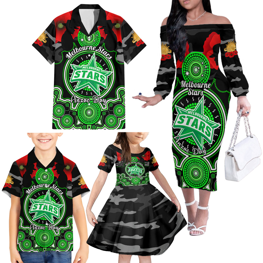 melbourne-stars-anzac-2024-family-matching-off-shoulder-long-sleeve-dress-and-hawaiian-shirt-lest-we-forget-poppy-mix-camouflage