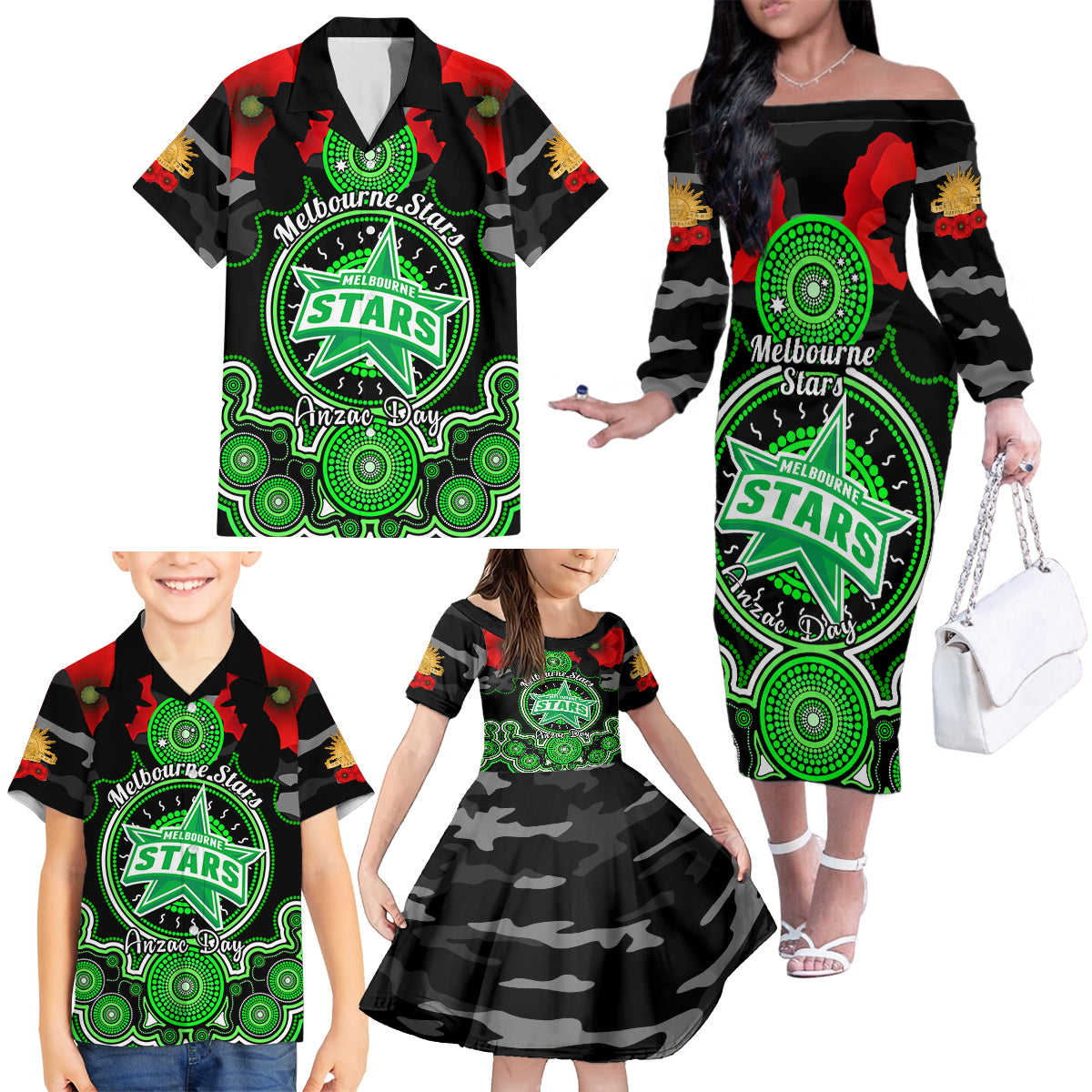 melbourne-stars-anzac-2024-family-matching-off-shoulder-long-sleeve-dress-and-hawaiian-shirt-lest-we-forget-poppy-mix-camouflage