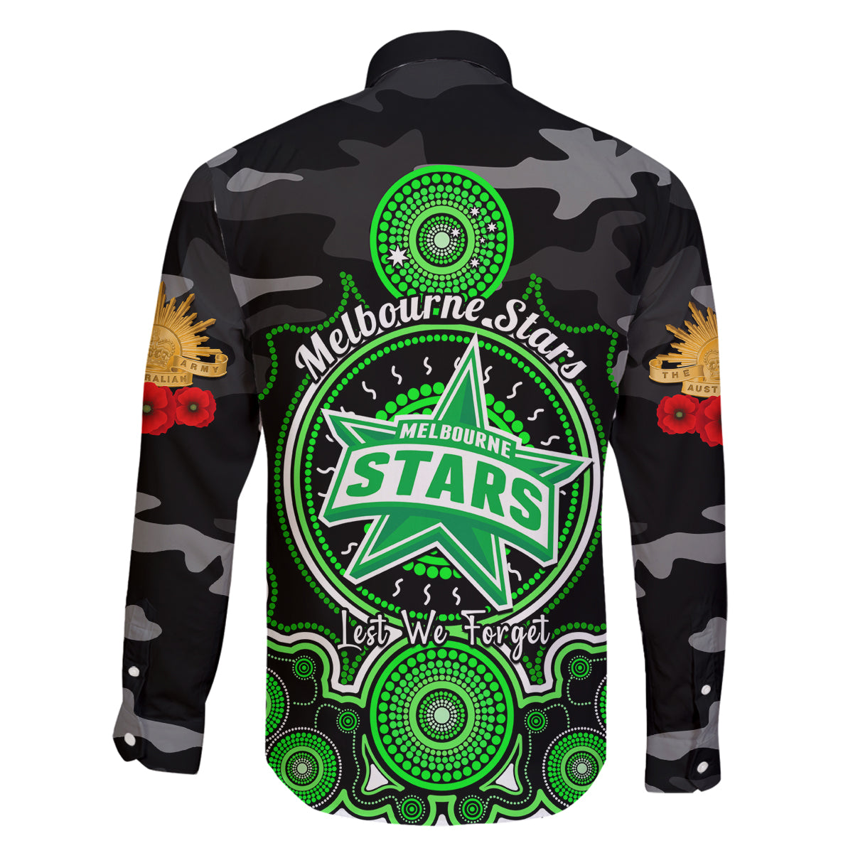 melbourne-stars-anzac-2024-family-matching-off-shoulder-long-sleeve-dress-and-hawaiian-shirt-lest-we-forget-poppy-mix-camouflage