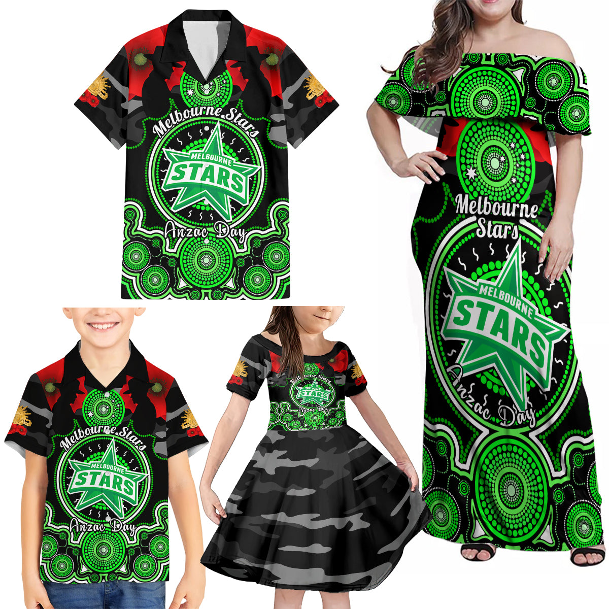 melbourne-stars-anzac-2024-family-matching-off-shoulder-maxi-dress-and-hawaiian-shirt-lest-we-forget-poppy-mix-camouflage