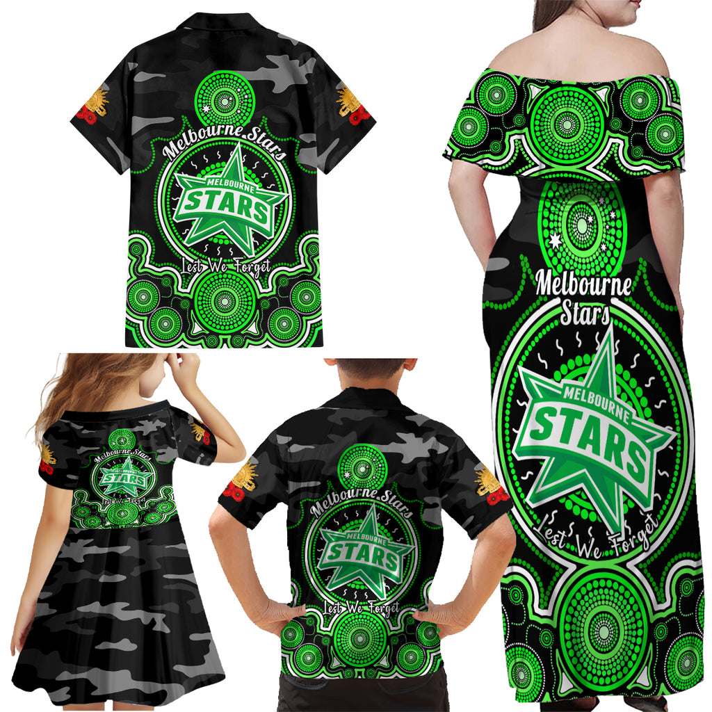 melbourne-stars-anzac-2024-family-matching-off-shoulder-maxi-dress-and-hawaiian-shirt-lest-we-forget-poppy-mix-camouflage
