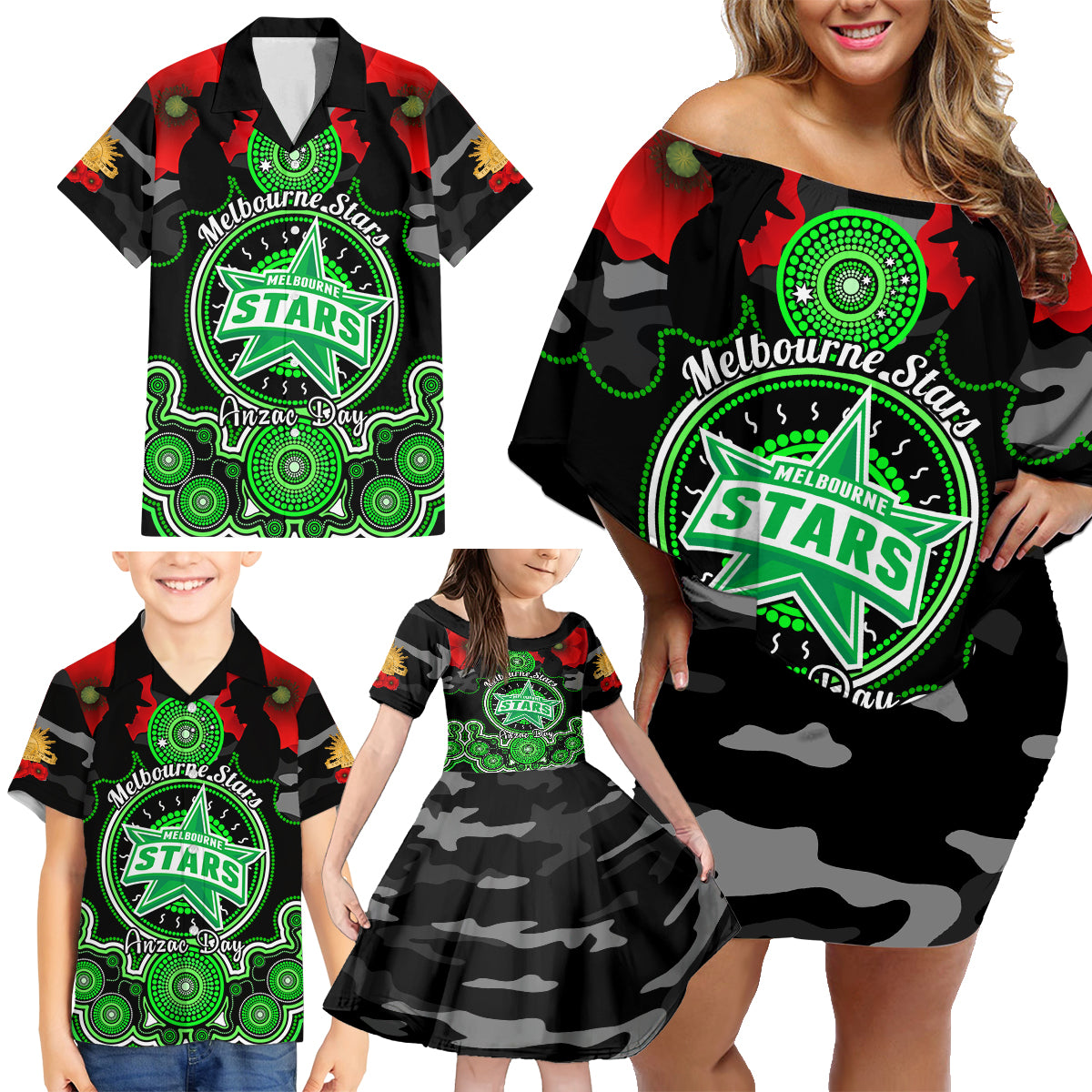 melbourne-stars-anzac-2024-family-matching-off-shoulder-short-dress-and-hawaiian-shirt-lest-we-forget-poppy-mix-camouflage